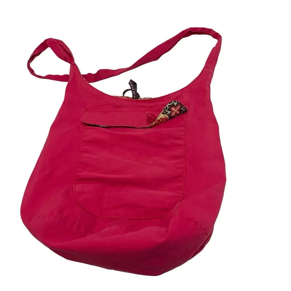 Womens Pink Floral Lined Crossbody Sling Bag Purse Hobo 11X15 Tie Closure